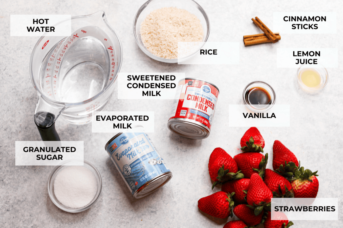 Elevate the flavors of traditional horchata with this strawberry horchata recipe! It's a creamy drink soaked in rice water and cinnamon sticks, then sweetened with a strawberry puree. Everyone loves the strawberry version of this rich, milky Mexican drink! Ingredients labeled to make strawberry horchata.