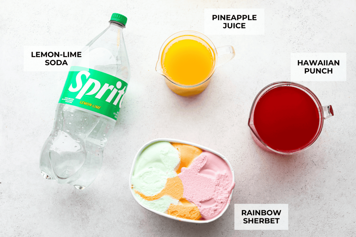This bright sherbet punch is the perfect addition to any BBQ or gathering. Your guests will keep coming back for more and beg you for the recipe! It has just the right balance of sweetness, zest, and refreshing coolness, you'll be sure to beat the heat on a hot summer day. Overhead shot of ingredient items and labels.