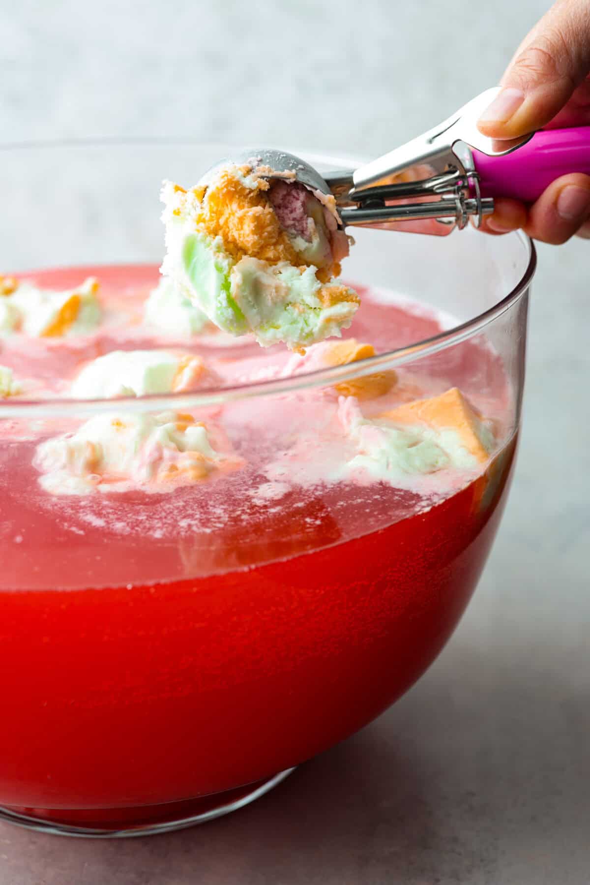 This bright sherbet punch is the perfect addition to any BBQ or gathering. Your guests will keep coming back for more and beg you for the recipe! It has just the right balance of sweetness, zest, and refreshing coolness, you'll be sure to beat the heat on a hot summer day. This is a picture of someone holding an ice cream scoop filled with rainbow sherbet over a large bowl filled with the drink and other dollops of rainbow sherbet.