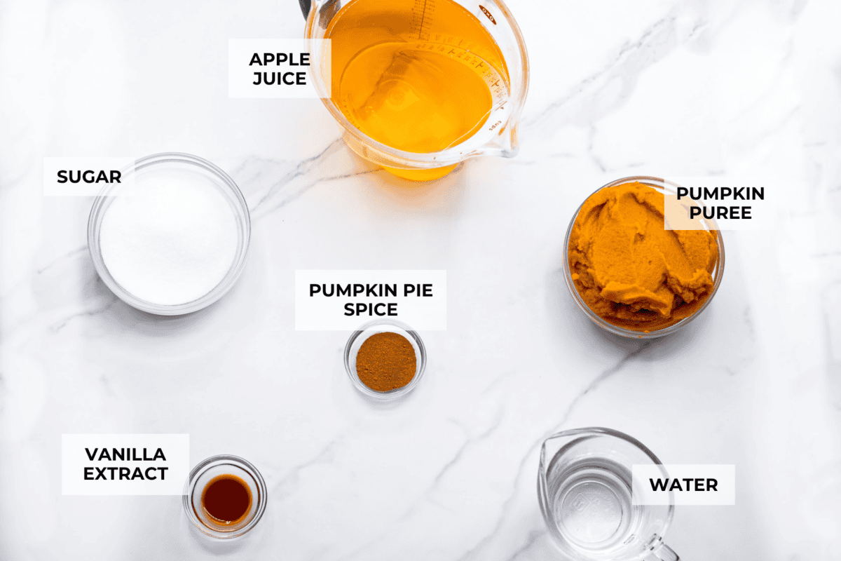 This Harry Potter Pumpkin Juice will transport you to a magical ride on the Hogwarts Express or eating lunch with your friends in the great hall. Bursting with warm, cozy fall flavor, you will love feeling part of the wizarding world of Harry Potter with this magical drink. Overhead shot of labeled ingredients.